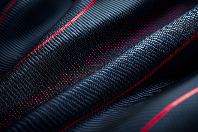 Perfekt geeignet für den Bezug von sportlichen Autositzen: Stoff aus sortenreinem Recycling-Granulat, schwarz mit roten Akzenten