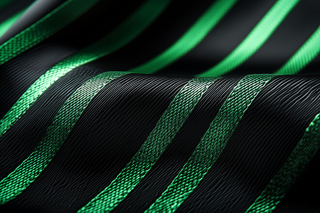 Schwarzer technischer Textilstoff mit leuchtend grünen Streifen, hergestellt aus sortenreinem Recycling-Granulat
