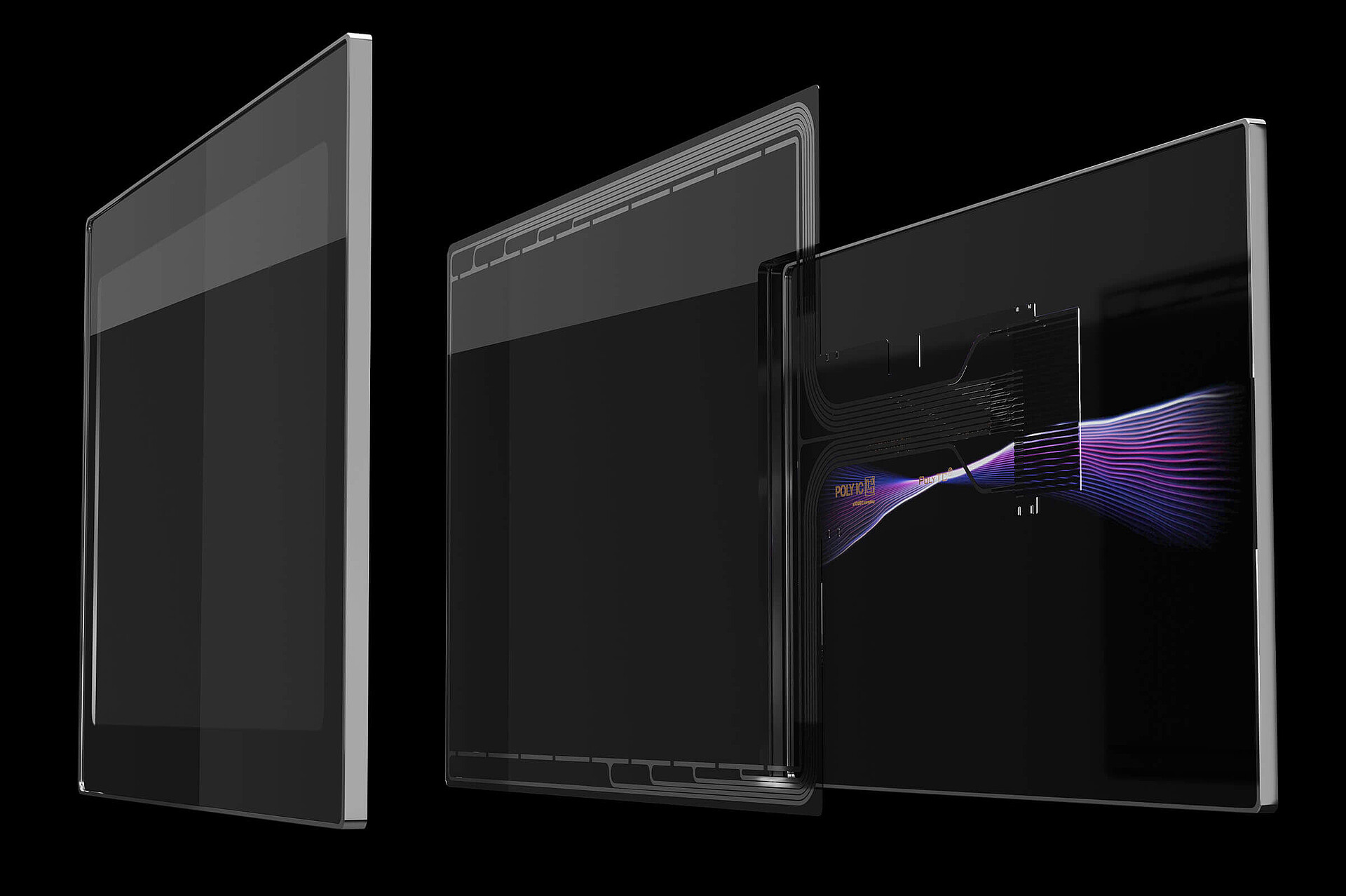 Drei Schichten eines schwarzen Touchscreen-Panels mit leuchtenden, farbigen grafischen Elementen vor schwarzem Hintergrund