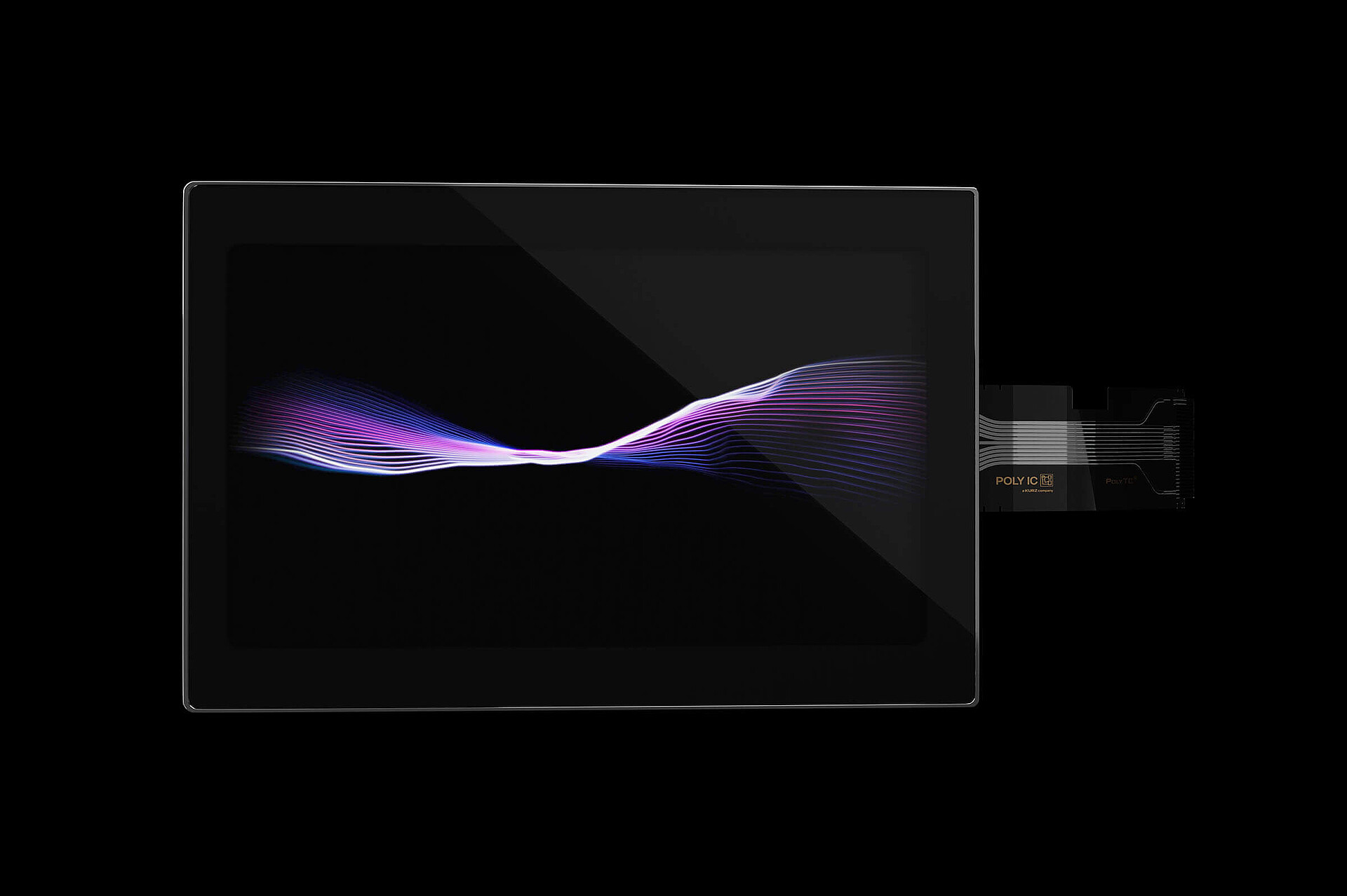 Modernes Display mit einer abstrakten, wellenförmigen, lila-blauen Grafik auf schwarzem Hintergrund