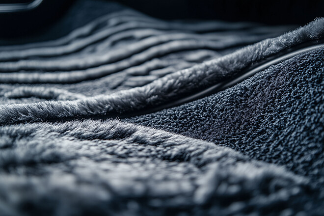 Nahaufnahme eines grob strukturierten innovativen technischen Stoff aus Recycling-Granulat